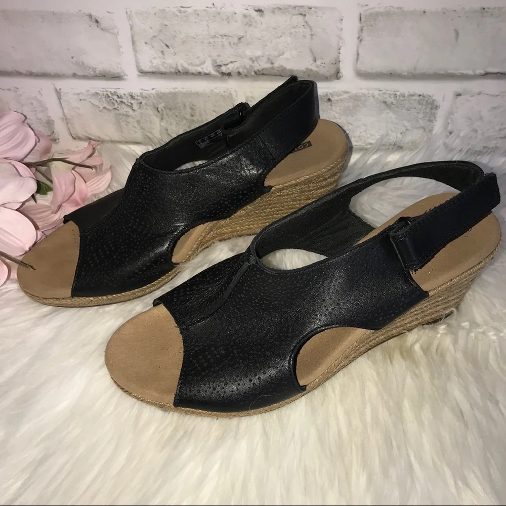 Clarks Black Leather Espadrille Wedge Sandals